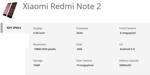 Xiaomi redmi note 2 specification